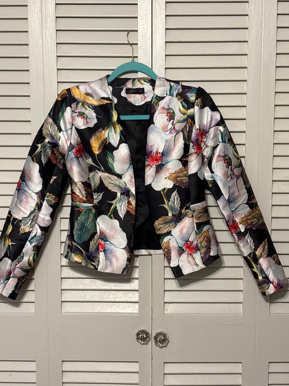 Mango Black and White Floral Open Front Blazer Jacket Women's Size S